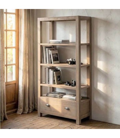 Estantería de pino natural con cajón y baldas abiertas salón mdmhogar