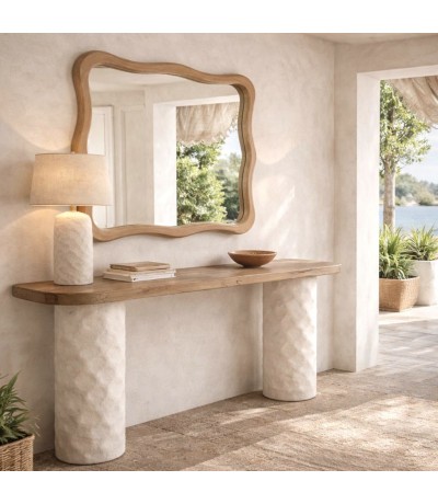 Consola entrada XL madera natural patas metal efecto piedra blanca Mdmhogar