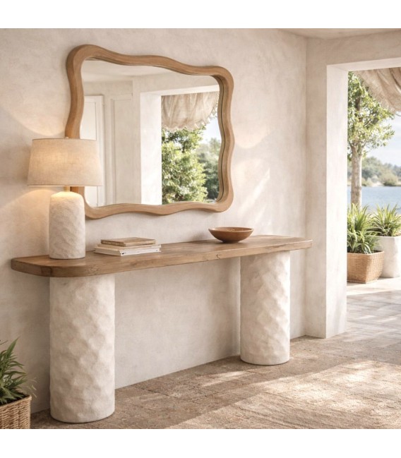 Consola entrada XL madera natural patas metal efecto piedra blanca Mdmhogar