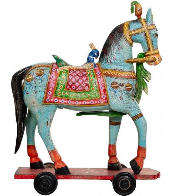 Figura decorativa colonial de caballo tallado pintado a mano ruedas.3