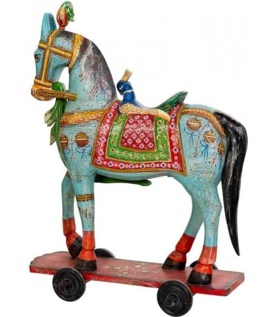 Figura decorativa colonial de caballo tallado pintado a mano ruedas.1