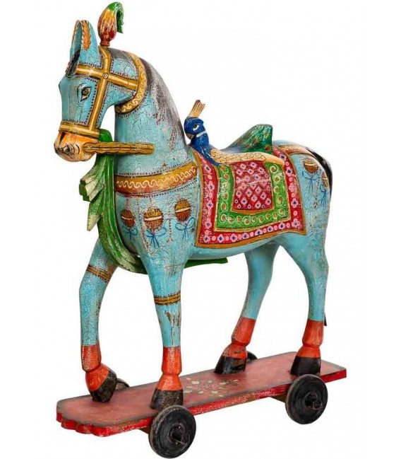 Figura decorativa colonial de caballo tallado pintado a mano ruedas.