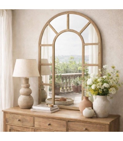 Espejo pared medio punto efecto ventana madera natural estilo boho Mdmhogar