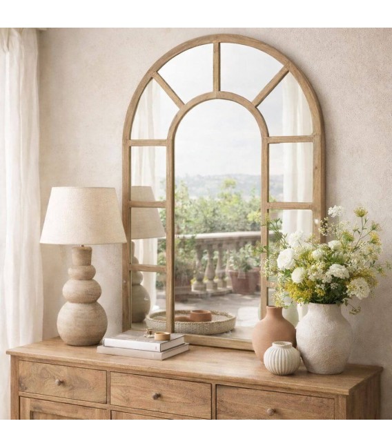 Espejo pared medio punto efecto ventana madera natural estilo boho Mdmhogar