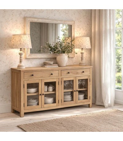 Aparador madera mindi natural con puertas cristal colonial Mdmhogar