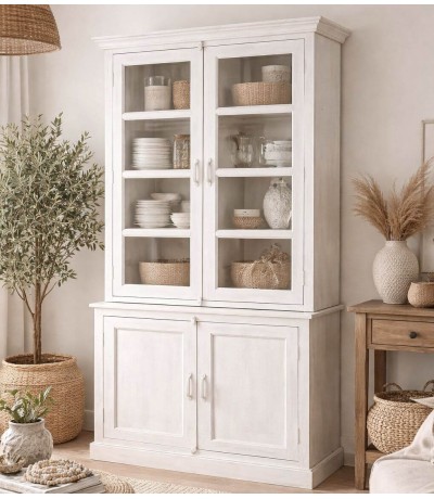 Vitrina grande madera maciza de mango blanco rozado estilo boho Mdmhogar