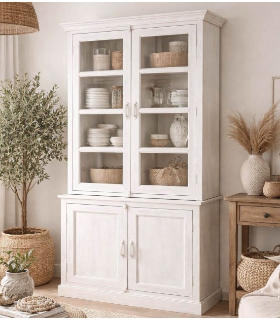 Vitrina grande madera maciza de mango blanco rozado estilo boho Mdmhogar