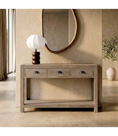 Consola de entrada madera natural con tres cajones estilo boho mdmhogar