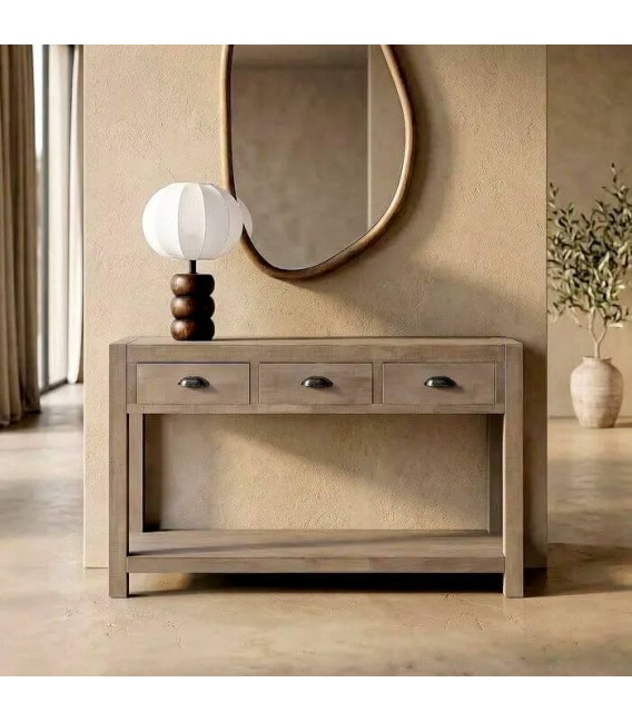 Consola de entrada madera natural con tres cajones estilo boho mdmhogar