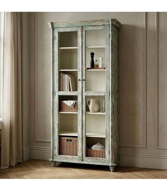 Vitrina de madera reciclada color verde rozado estilo vintage mdmhogar