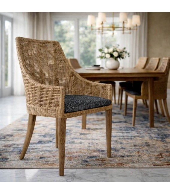 Silla de comedor cómoda en ratán y madera de mindi estilo boho Mdmhogar