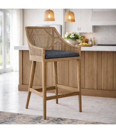 Taburete para barra ratán y madera mindi natural asiento tapizado Mdmhogar