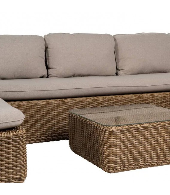 Set exterior sofa de tres plazas dos sillones y  mesa de fibra