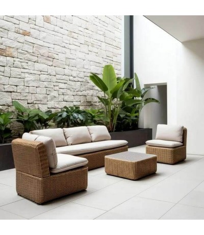 Set exterior sofa de tres plazas dos sillones y  mesa de fibra mdmhogar