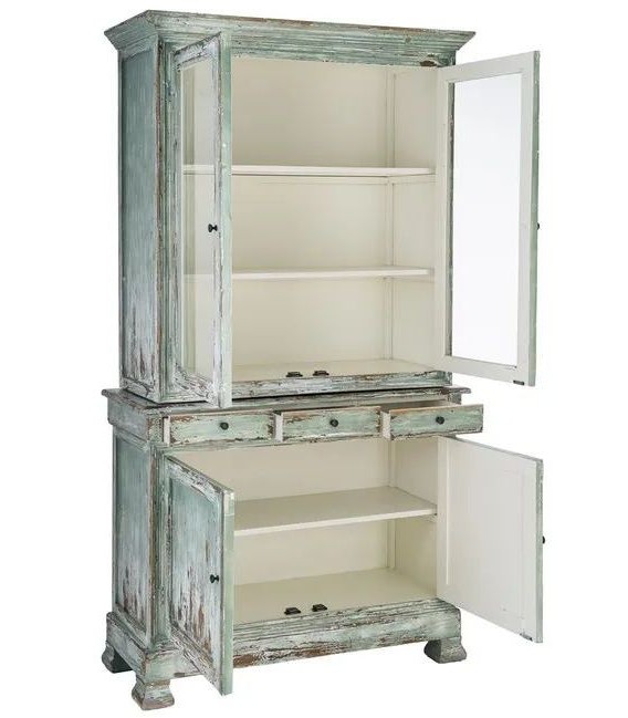 Vitrina vintage de color verde rozado madera reciclada cristal 1