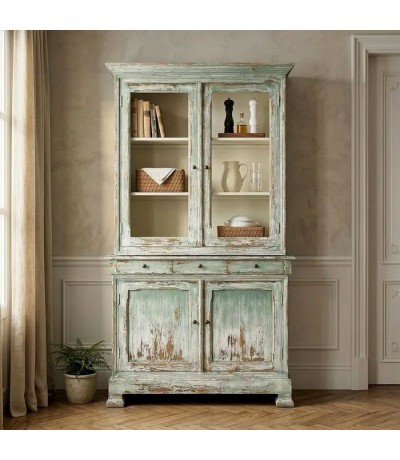 Vitrina vintage de color verde rozado madera reciclada cristal mdmhogar