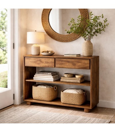 Consola de entrada de madera de mango oscura con cajones boho Mdmhogar