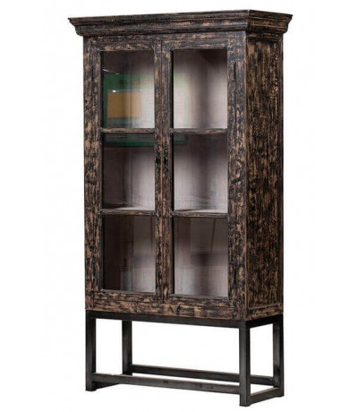 Vitrina clásica industrial madera negra decapada puertas cristal
