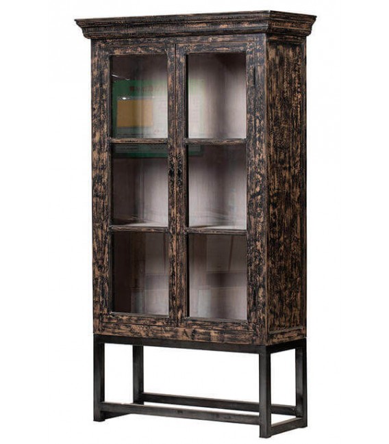 Vitrina clásica industrial madera negra decapada puertas cristal