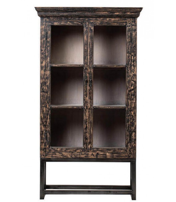Vitrina clásica industrial madera negra decapada puertas cristal1