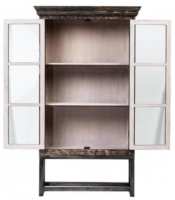 Vitrina clásica industrial madera negra decapada puertas cristal2