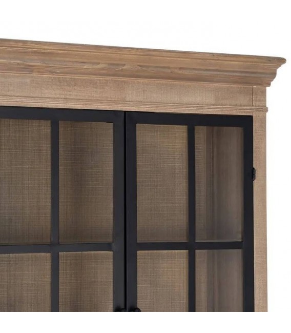 Vitrina de madera natural con dos puertas, cajones y cristal boho 2