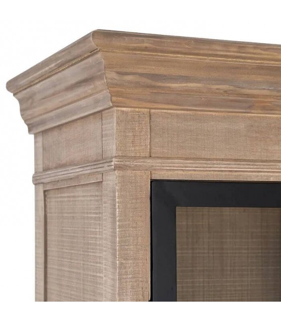 Vitrina de madera natural con dos puertas, cajones y cristal boho 3