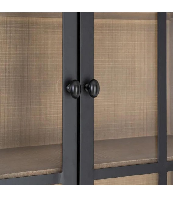 Vitrina de madera natural con dos puertas, cajones y cristal boho 4