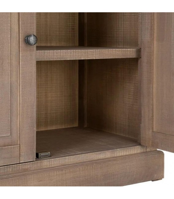 Vitrina de madera natural con dos puertas, cajones y cristal boho 5