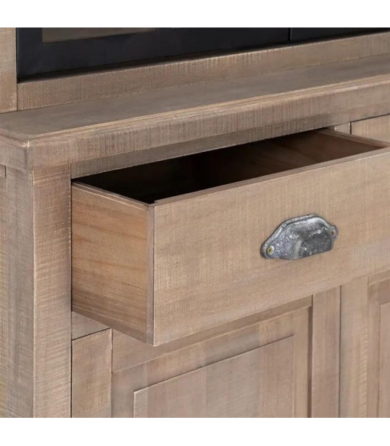 Vitrina de madera natural con dos puertas, cajones y cristal boho 6
