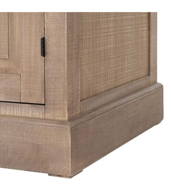 Vitrina de madera natural con dos puertas, cajones y cristal boho 7