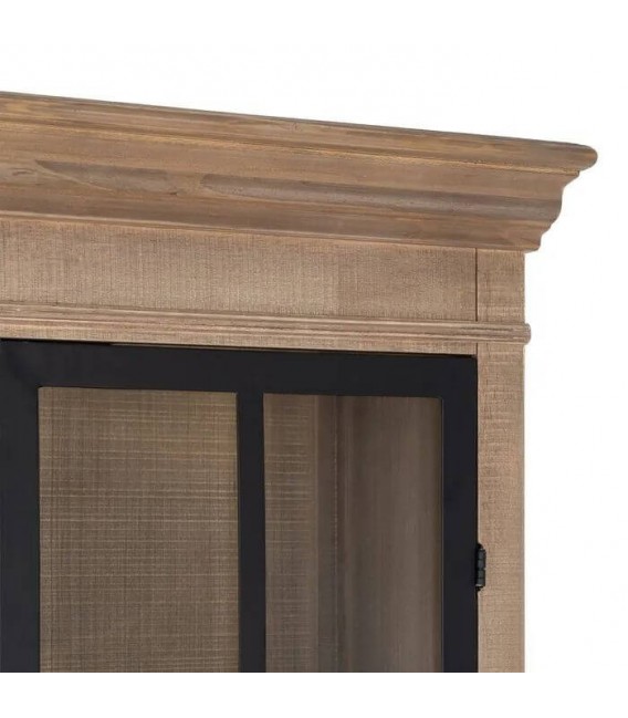 Vitrina de madera natural con dos puertas, cajones y cristal boho 8