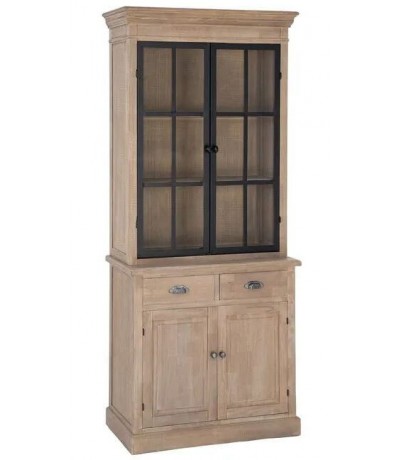 Vitrina de madera natural con dos puertas, cajones y cristal boho