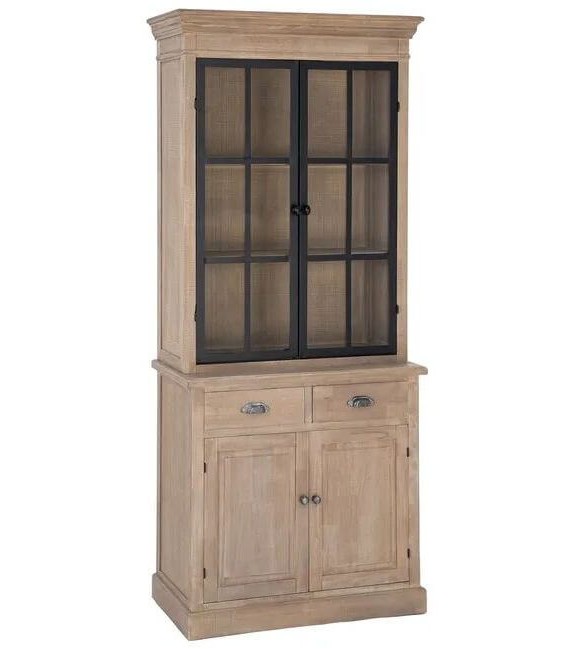 Vitrina de madera natural con dos puertas, cajones y cristal boho