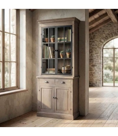 Vitrina de madera natural con dos puertas, cajones y cristal boho mdmhogar