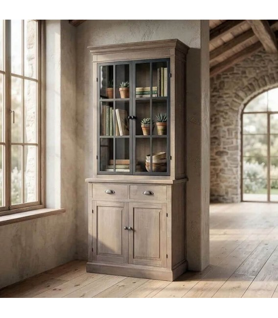 Vitrina de madera natural con dos puertas, cajones y cristal boho mdmhogar