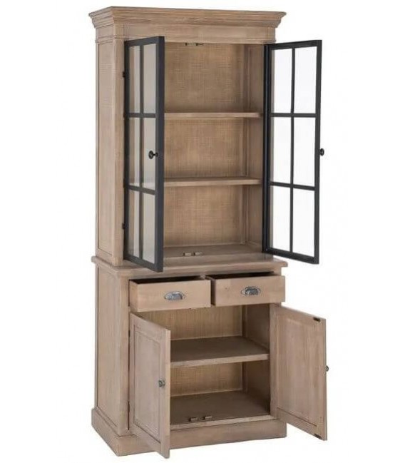 Vitrina de madera natural con dos puertas, cajones y cristal boho 1