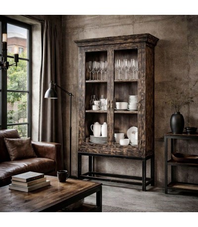 Vitrina clásica industrial madera negra decapada puertas cristal Mdmhogar