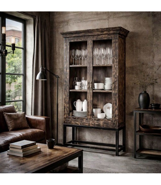 Vitrina clásica industrial madera negra decapada puertas cristal Mdmhogar