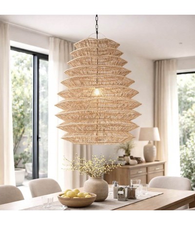 Lámpara techo XL ratán natural trenzado a mano artesanal estilo boho Mdmhogar