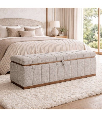 Banco pie de cama baúl tapizado en color gris con cajón estilo boho Mdmhogar