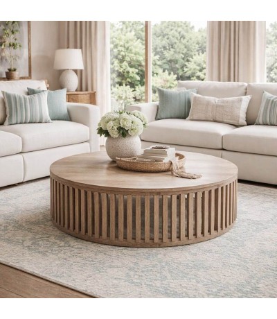 Mesa de centro circular de madera de mango natural estilo boho Mdmhogar