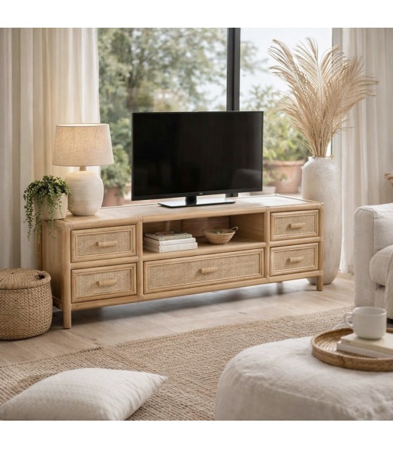 Mueble TV pequeño boho con 5 cajones de bambú, ratán y abeto natural. Mdmhogar