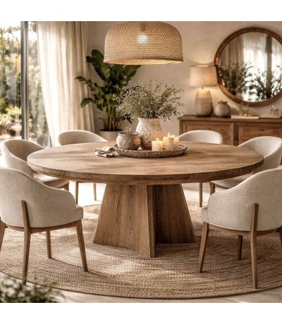 Mesa de comedor circular de madera de mango macizo artesanal boho Mdmhogar