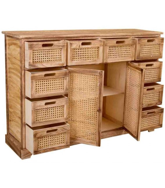 Aparador con 2 puertas y 10 cajones madera caña natural boho 2