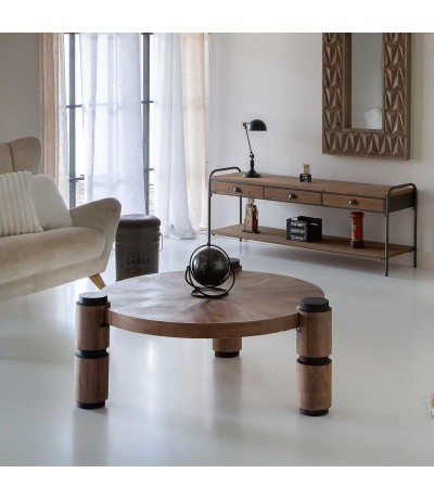 Mesa centro redonda de madera y hierro industrial marrón oscuro mdmhogar