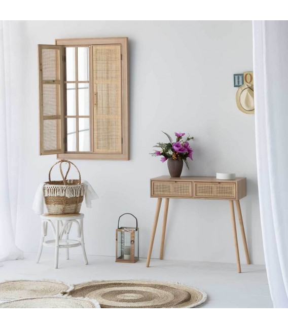 Espejo rectangular ventana con dos puertas de caña boho beige mdmhogar