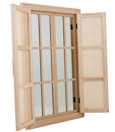 Espejo rectangular ventana con dos puertas de caña boho beige