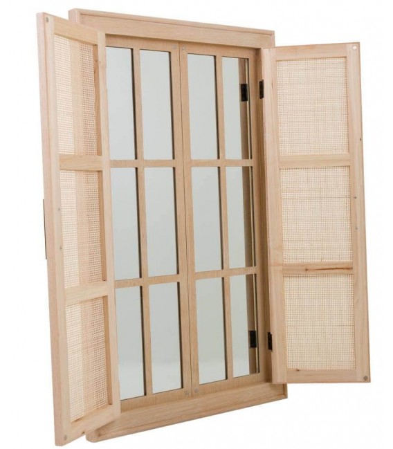 Espejo rectangular ventana con dos puertas de caña boho beige