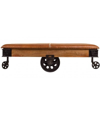 Mesa centro rectangular madera cuero hierro industrial ruedas 1